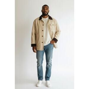 Vintage Men’s Gap Barn Coat Fleece lined Leather Collar Corduroy Cuff Medium tan